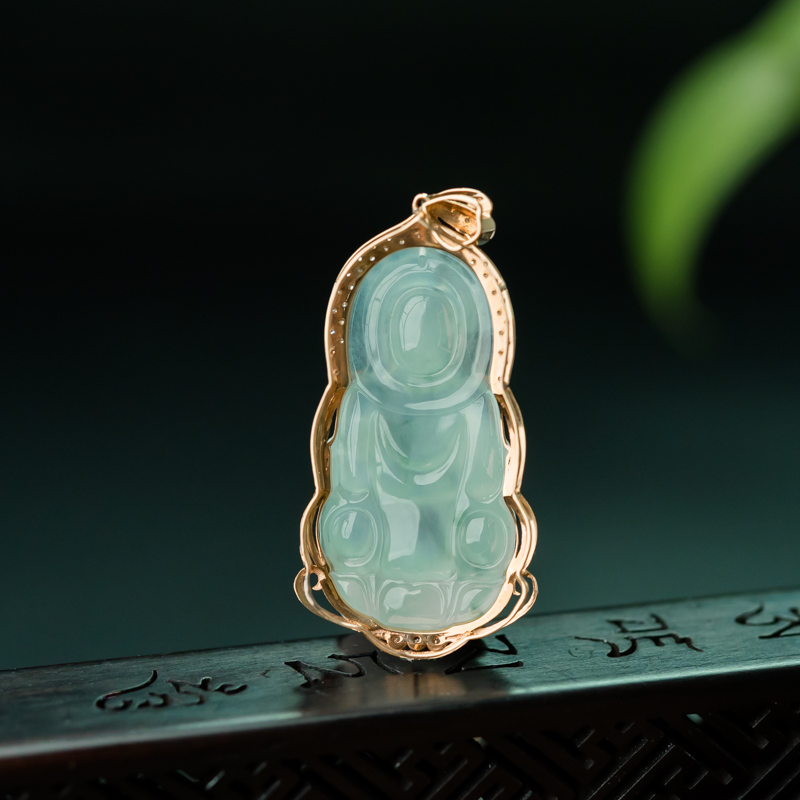 缅甸天然飘花翡翠观音吊坠-红掌柜