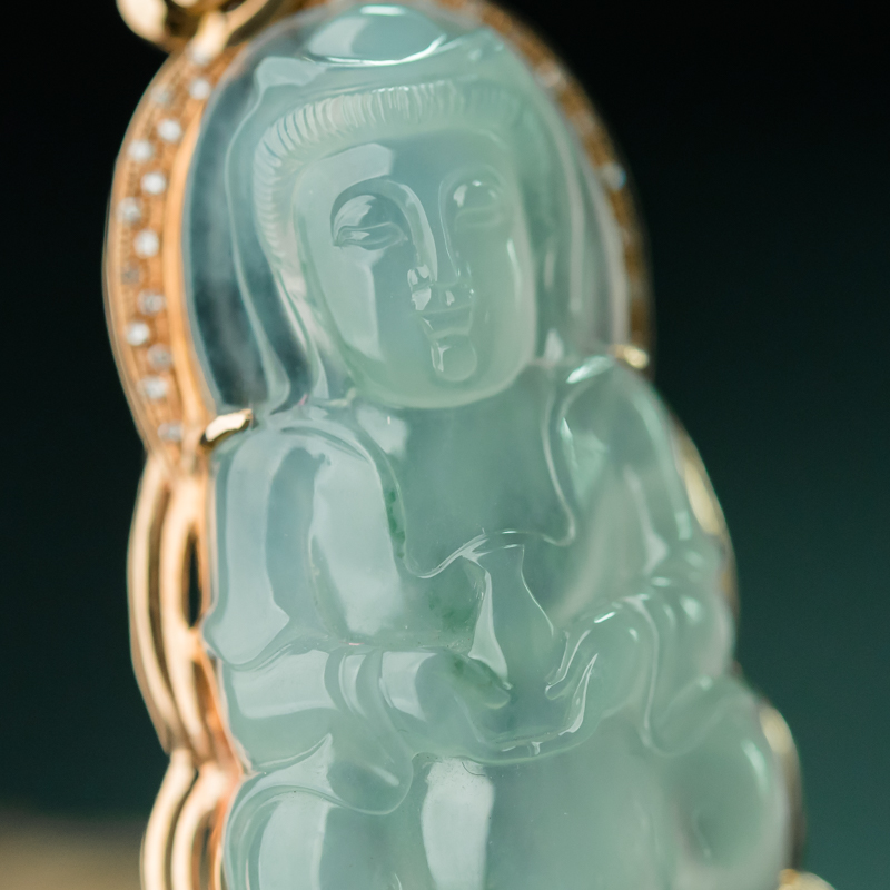 缅甸天然糯冰种翡翠观音吊坠-红掌柜