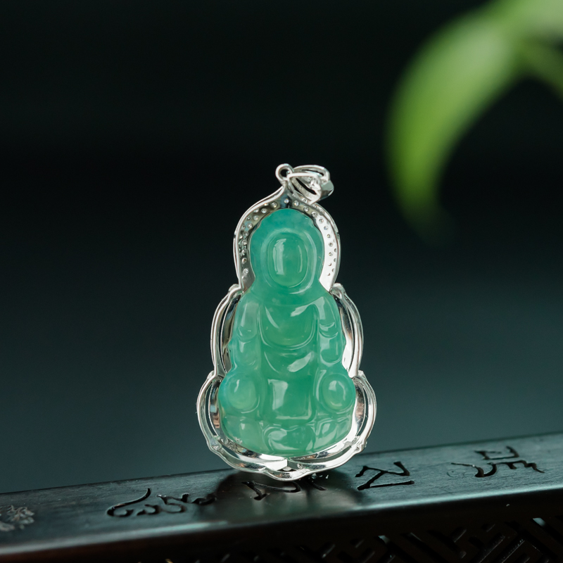 缅甸天然翠绿翡翠观音吊坠-红掌柜