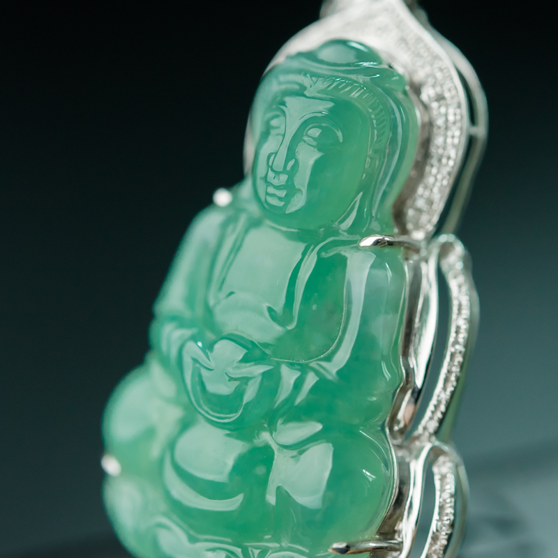 缅甸天然糯冰种翡翠观音吊坠-红掌柜