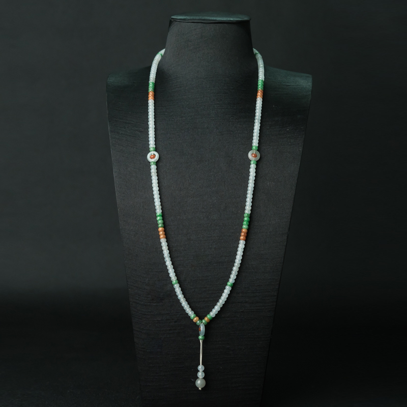 缅甸天然糯冰种三彩翡翠项链-红掌柜