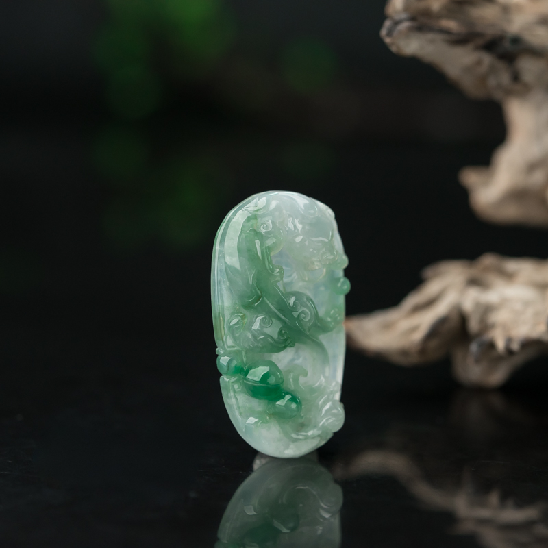 缅甸糯冰种飘翠翡翠貔貅吊坠-红掌柜