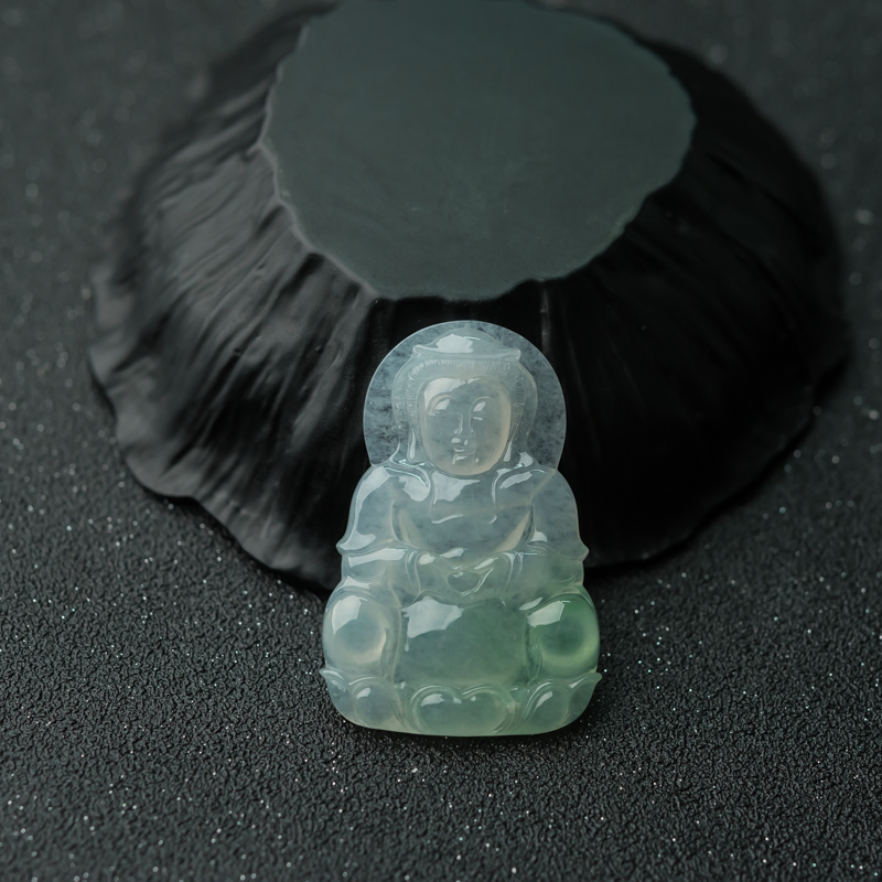 缅甸天然糯冰种淡晴水翡翠观音吊坠-红掌柜