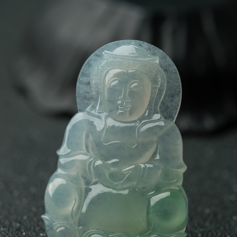 缅甸天然糯冰种翡翠观音吊坠-红掌柜
