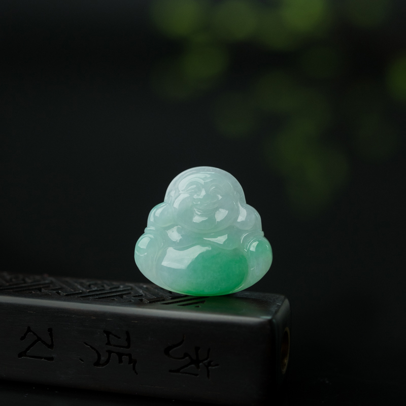缅甸天然糯种飘翠翡翠弥勒佛吊坠-红掌柜