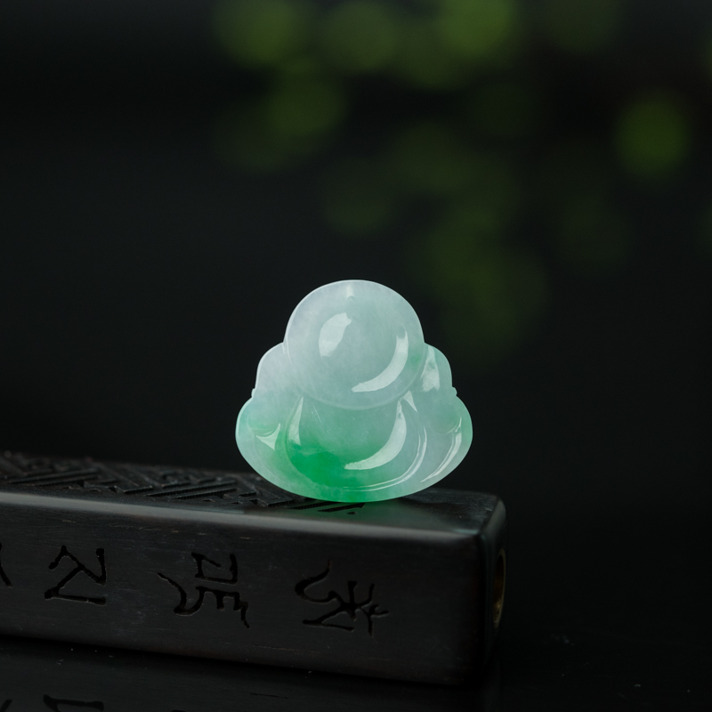 缅甸天然飘翠翡翠弥勒佛吊坠-红掌柜