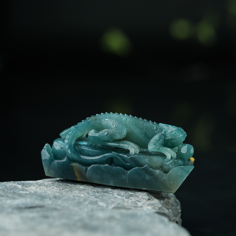 天然糯种蓝绿翡翠招财蜥蜴两用款-红掌柜