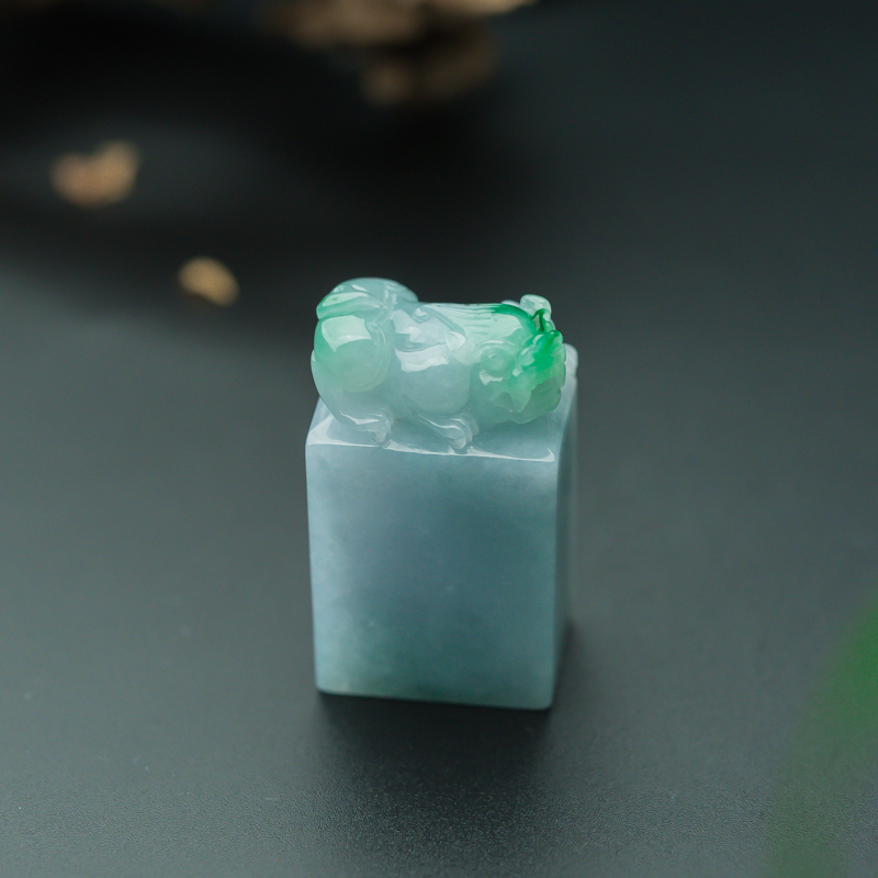 缅甸天然糯种飘翠翡翠貔貅印章-红掌柜