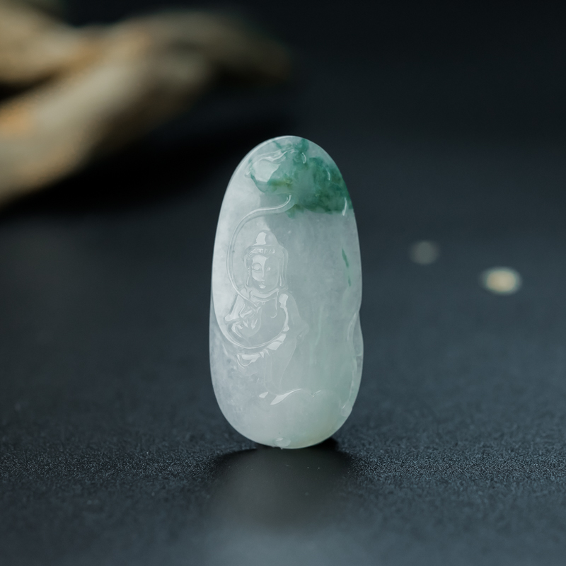 缅甸天然糯冰种飘花翡翠观音吊坠-红掌柜