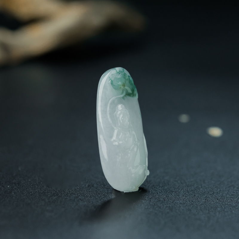 缅甸糯冰种飘花翡翠观音吊坠-红掌柜
