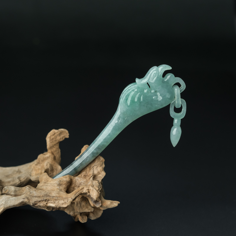 缅甸天然糯种浅绿翡翠凤凰发钗-红掌柜