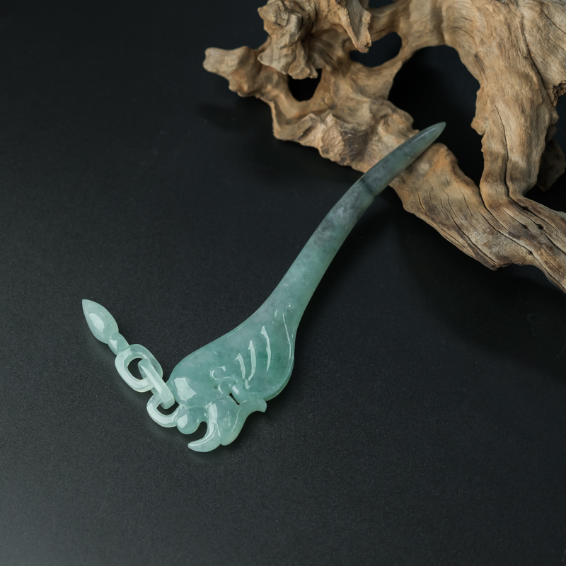 天然糯种浅绿翡翠凤凰发钗-红掌柜