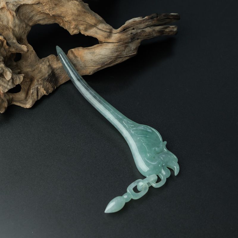 缅甸糯种浅绿翡翠凤凰发钗-红掌柜