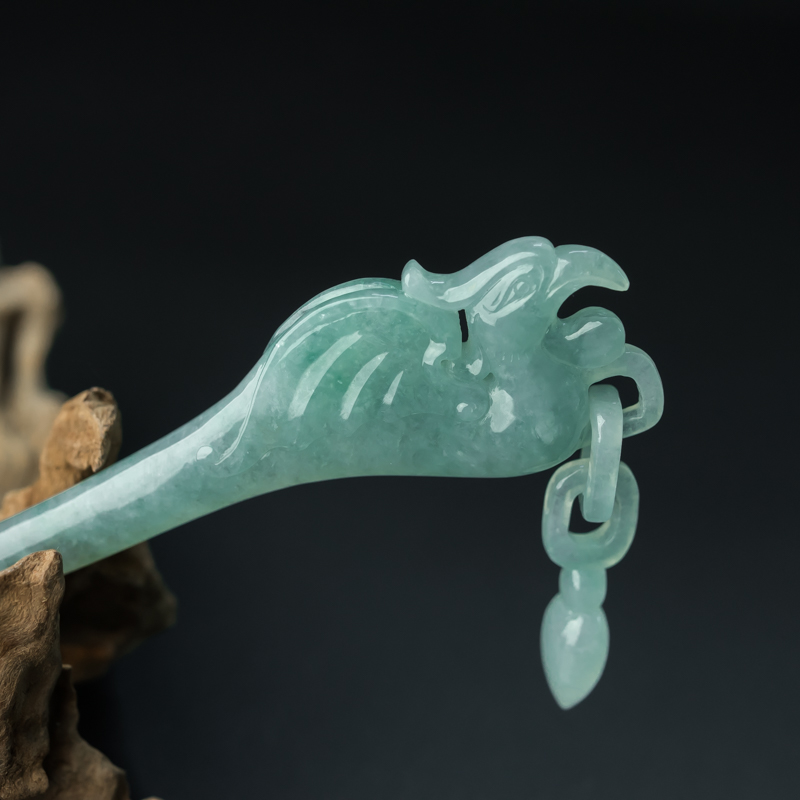 缅甸天然糯种翡翠凤凰发钗-红掌柜