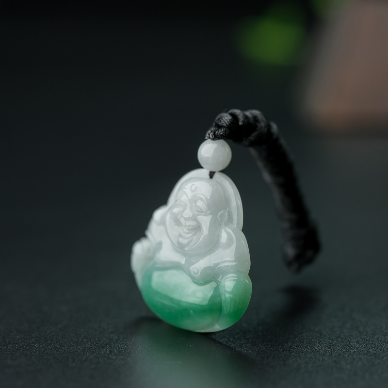 天然糯种飘翠翡翠弥勒佛吊坠-红掌柜