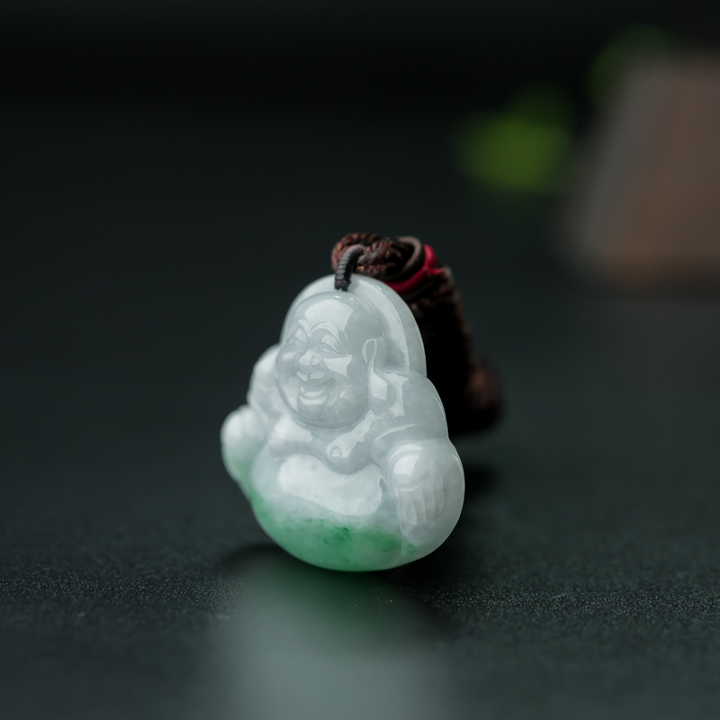 天然糯种飘翠翡翠弥勒佛吊坠-红掌柜