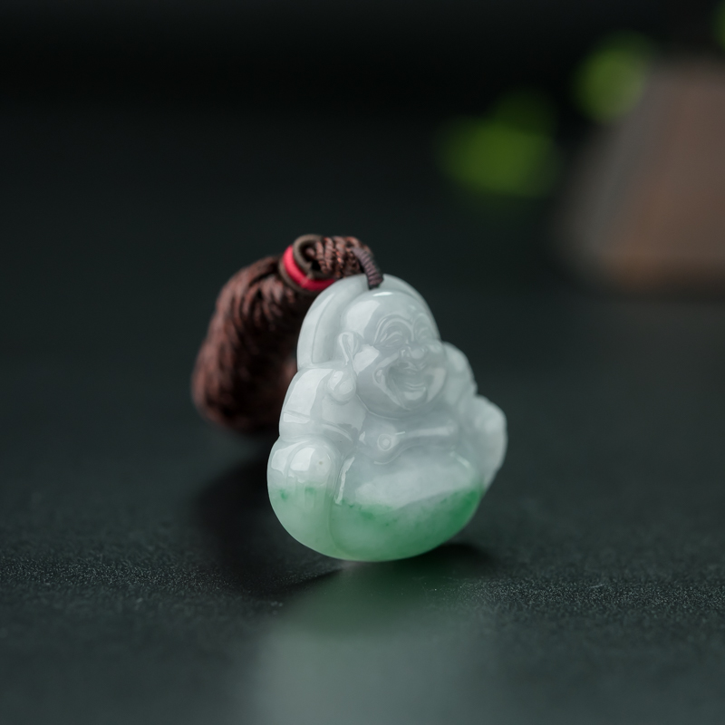 缅甸糯种飘翠翡翠弥勒佛吊坠-红掌柜