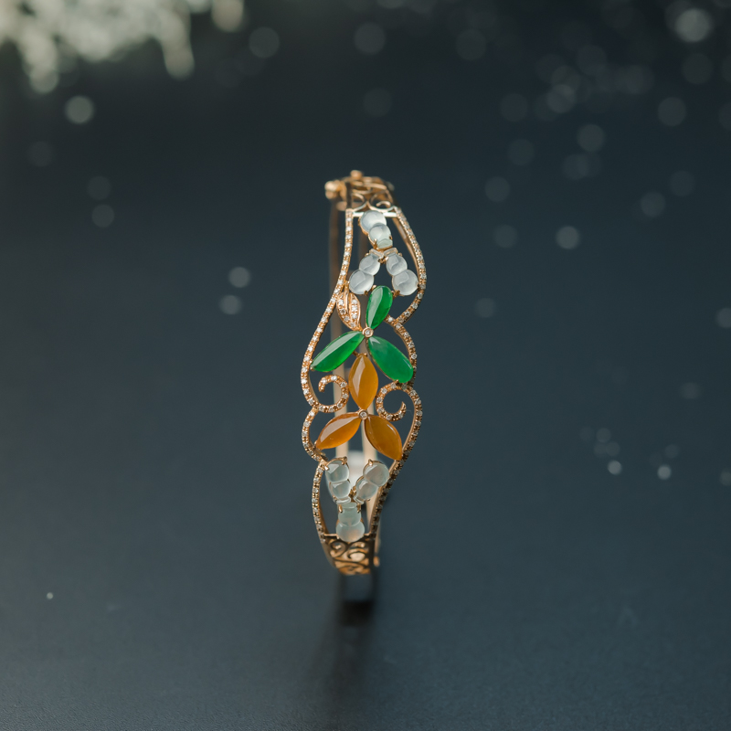 缅甸天然糯冰种三彩翡翠手镯-红掌柜