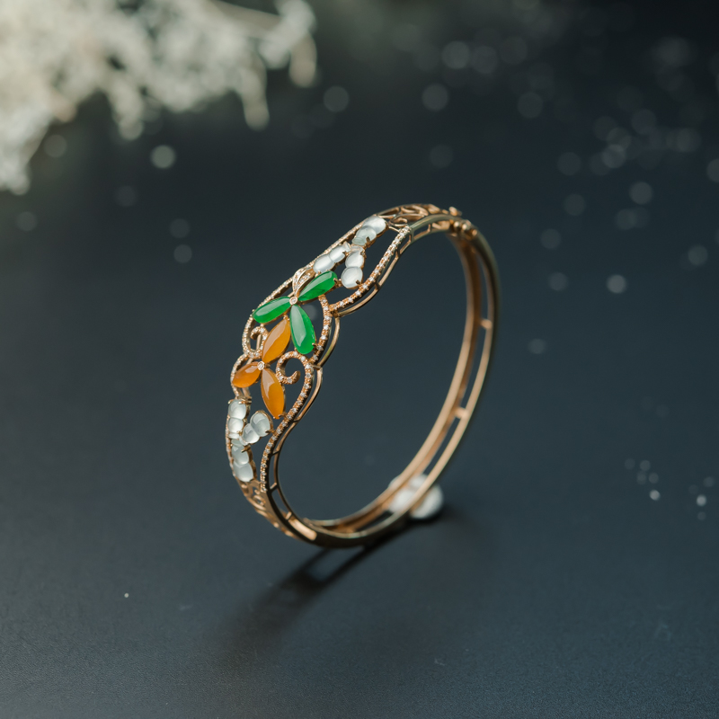 天然糯冰种三彩翡翠手镯-红掌柜