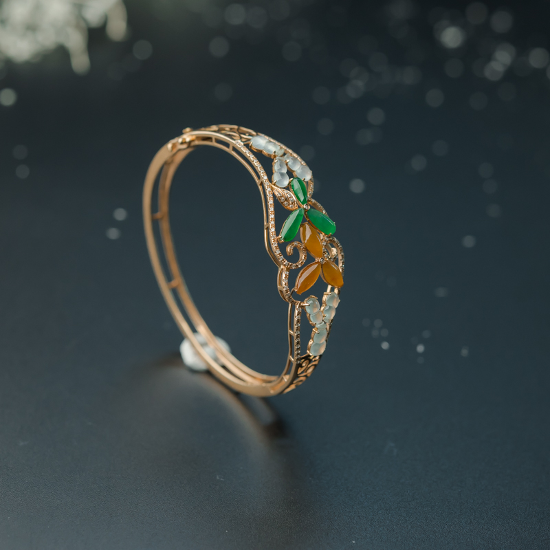 缅甸糯冰种三彩翡翠手镯-红掌柜