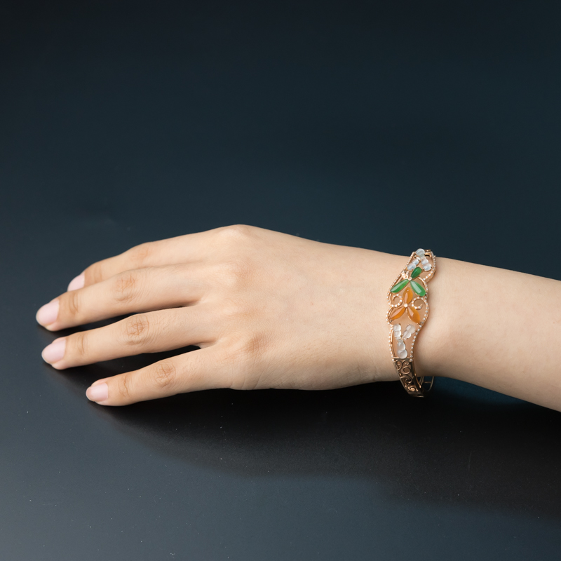 糯冰种三彩翡翠手镯-红掌柜