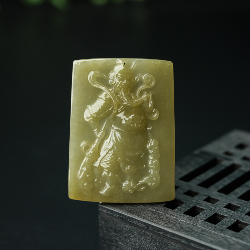 缅甸天然糯种黄翡关公吊坠-红掌柜