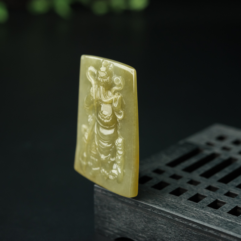 天然糯种黄翡关公吊坠-红掌柜