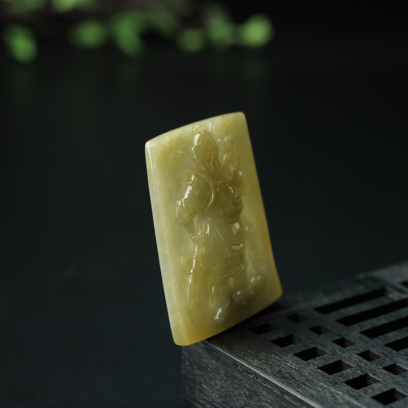 缅甸糯种黄翡关公吊坠-红掌柜