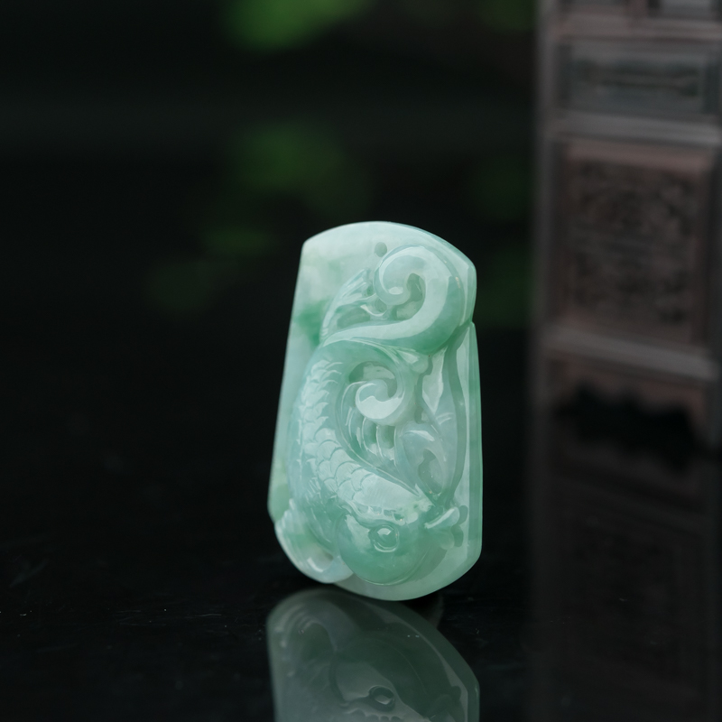 缅甸天然糯种翡翠年年有余吊坠-红掌柜