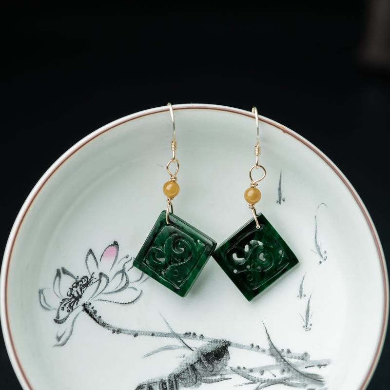 缅甸天然糯种深绿翡翠辰龙耳环-红掌柜