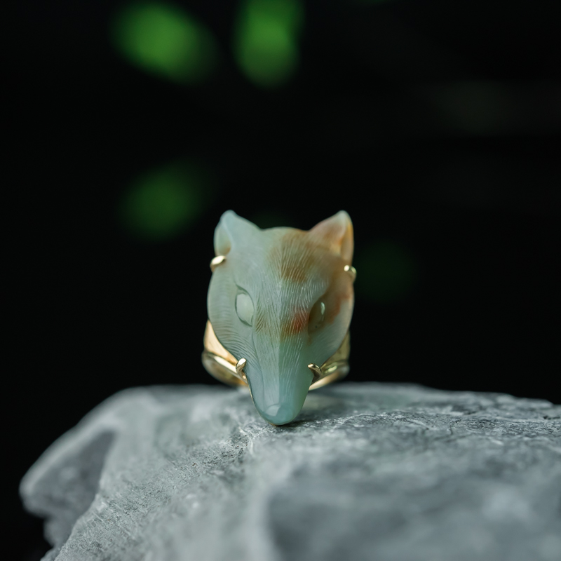 缅甸天然糯种俏色翡翠狐仙戒指-红掌柜