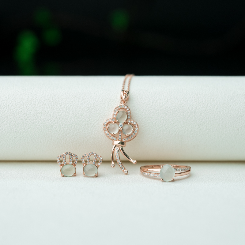 银镶缅甸天然糯冰种翡翠三件套-红掌柜