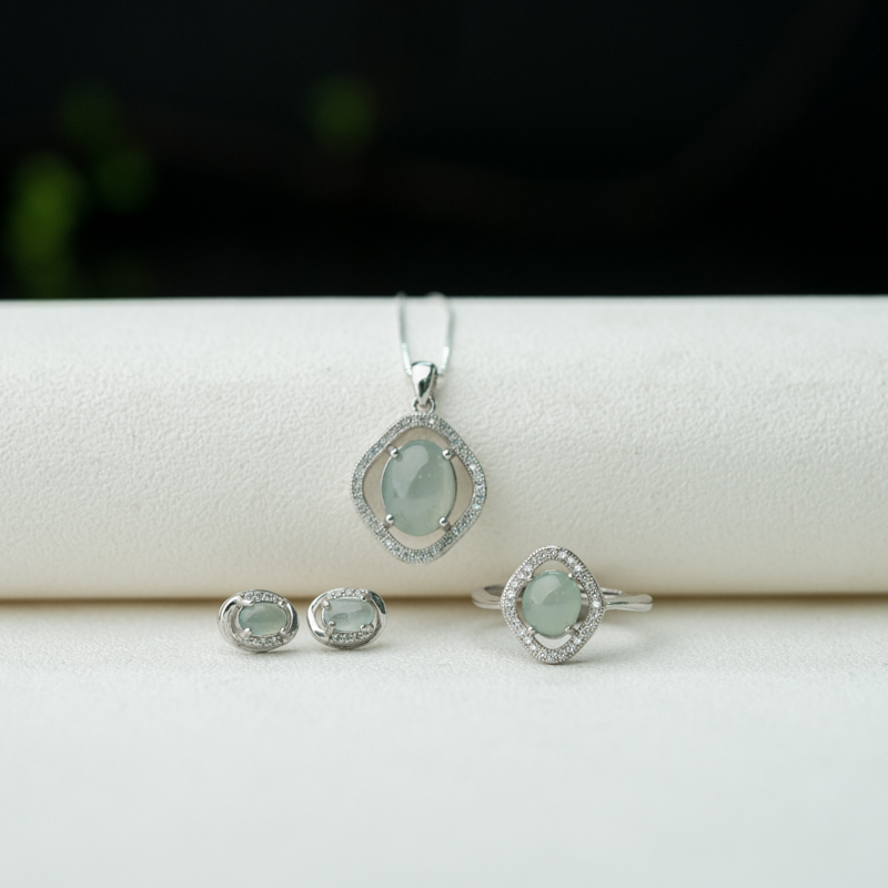 缅甸天然银镶糯冰种翡翠三件套-红掌柜