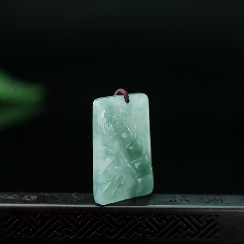缅甸糯冰种浅绿翡翠竹报平安吊坠-红掌柜
