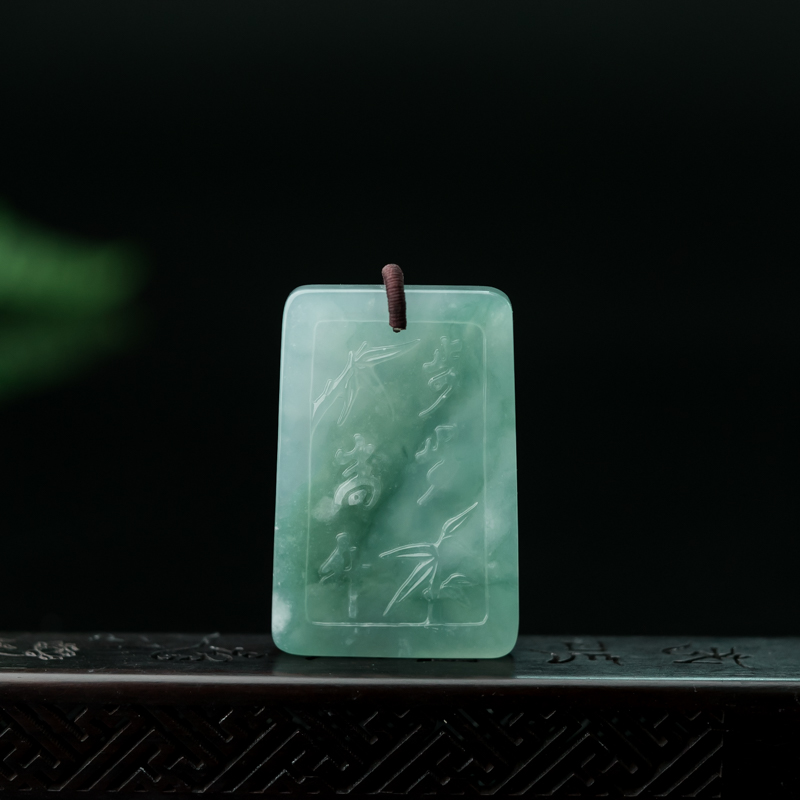 缅甸天然浅绿翡翠竹报平安吊坠-红掌柜