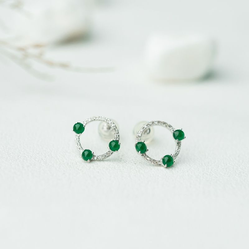 缅甸天然糯冰种翠绿翡翠耳钉-红掌柜