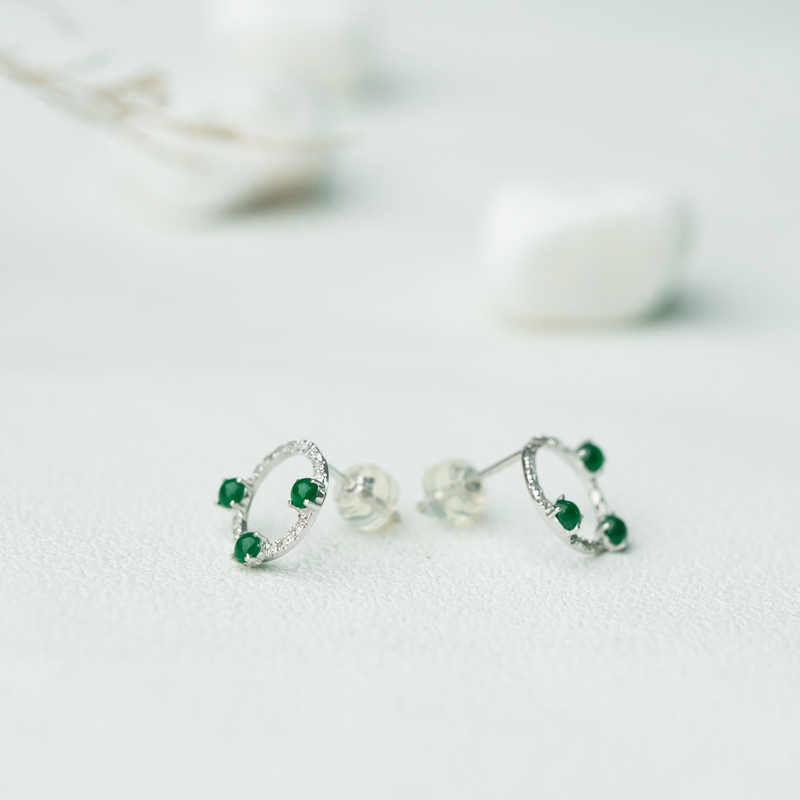 缅甸糯冰种翠绿翡翠耳钉-红掌柜