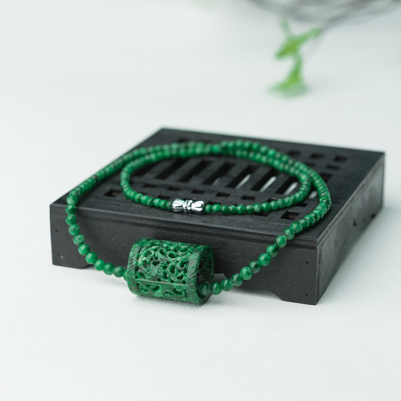 天然花青种翠绿翡翠路路通项链-红掌柜