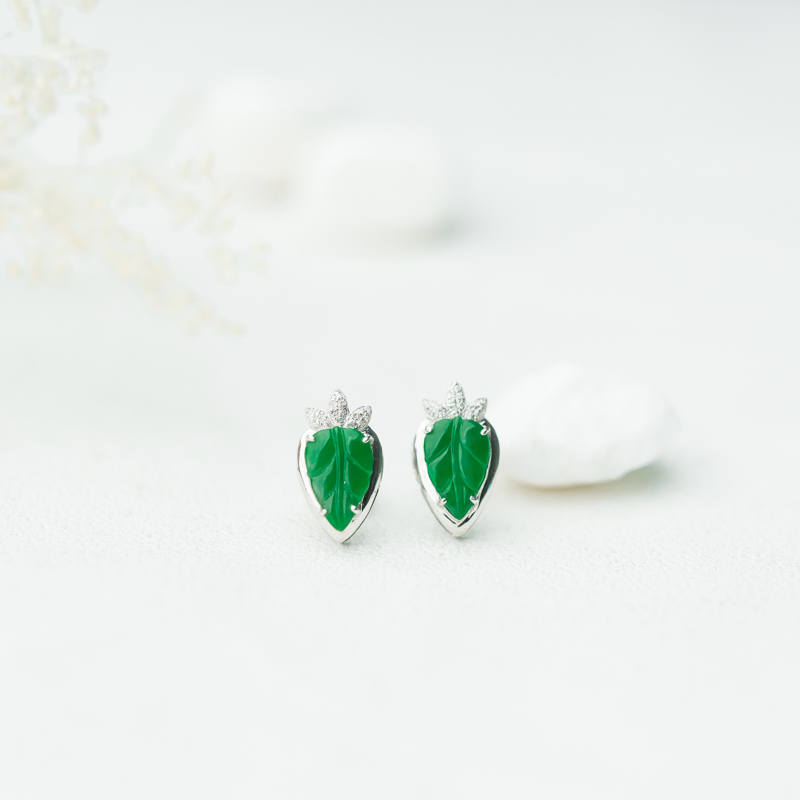 缅甸天然糯种翠绿翡翠金枝玉叶耳钉-红掌柜
