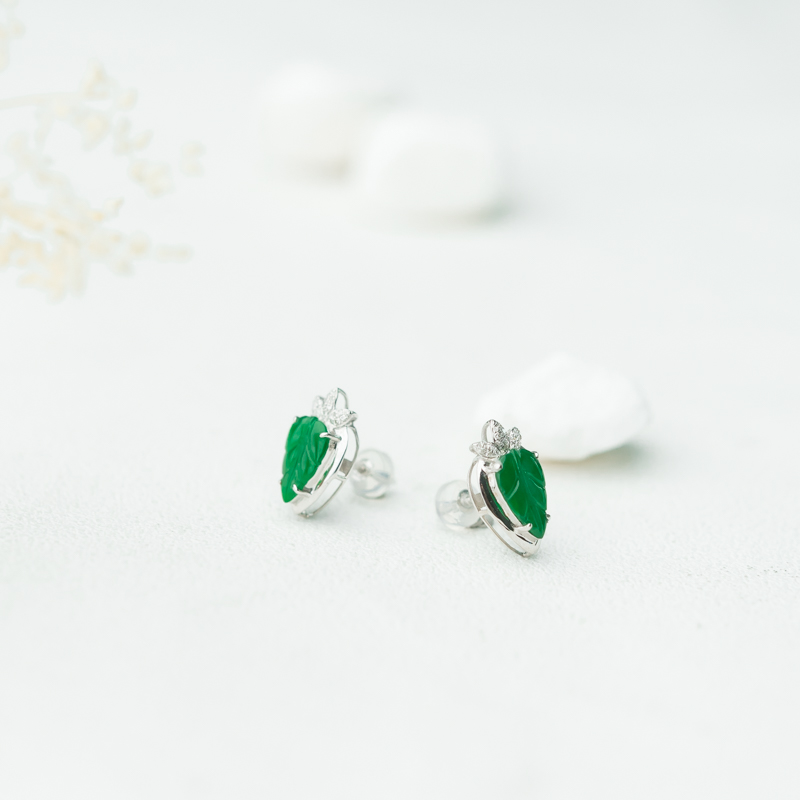 天然糯种翠绿翡翠金枝玉叶耳钉-红掌柜