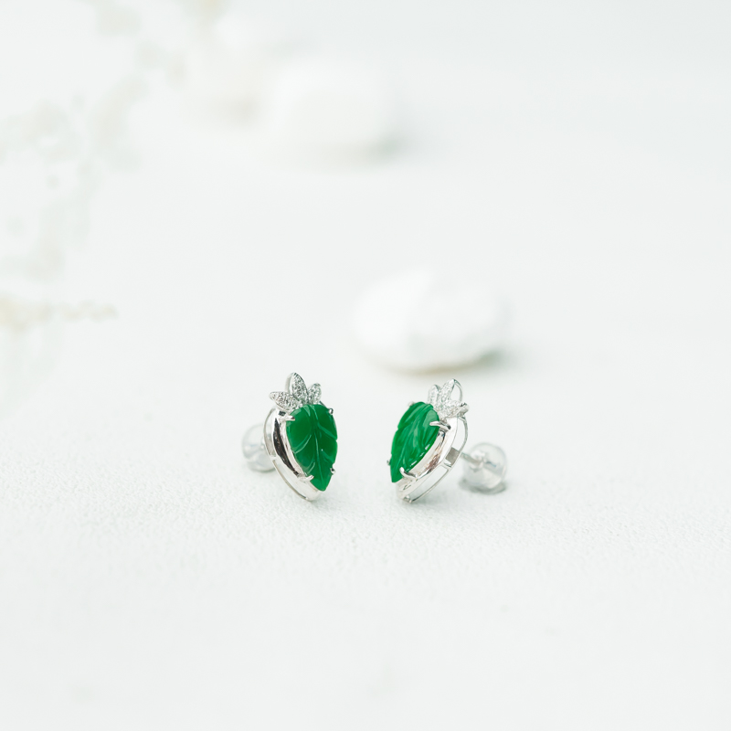 缅甸糯种翠绿翡翠金枝玉叶耳钉-红掌柜