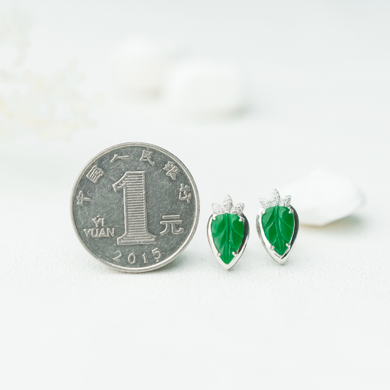 糯种翠绿翡翠金枝玉叶耳钉-红掌柜