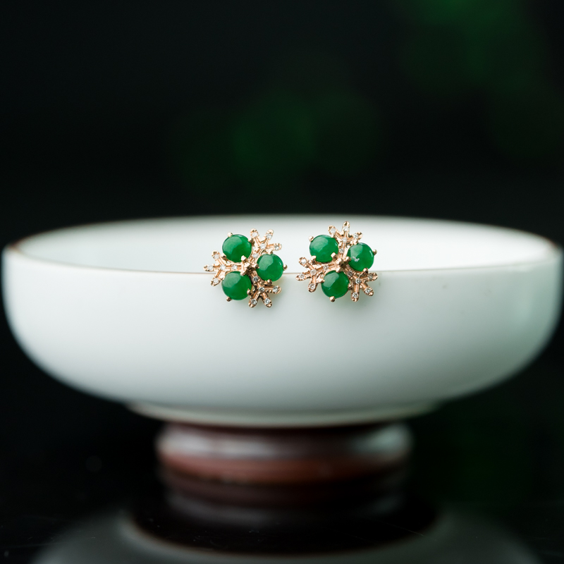 18K糯冰种翠绿翡翠耳钉-红掌柜