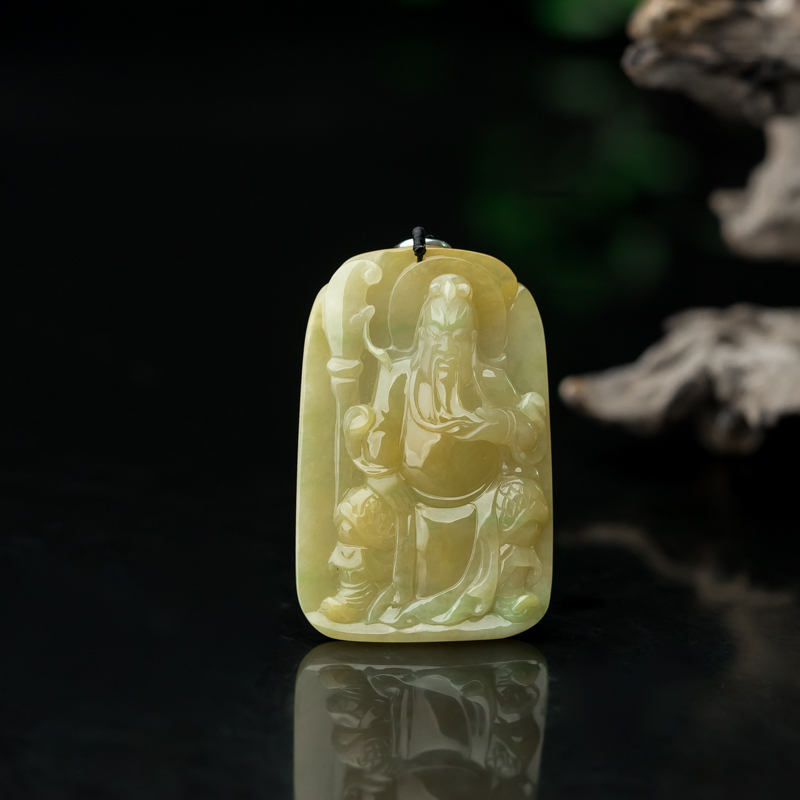 缅甸天然糯种黄翡关公吊坠-红掌柜