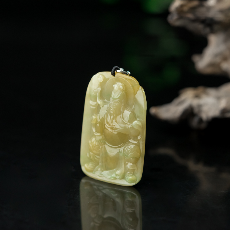 天然糯种黄翡关公吊坠-红掌柜