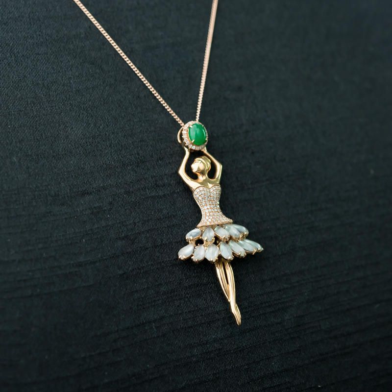 缅甸天然翠绿翡翠舞者吊坠-红掌柜