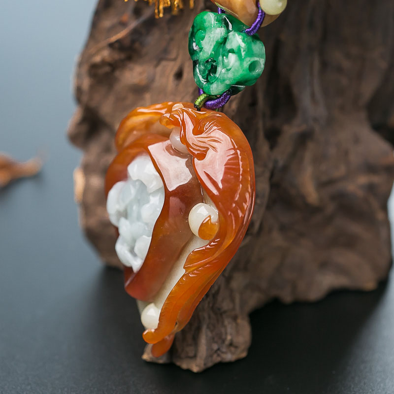 糯种翡翠牡丹引凤吊坠-红掌柜