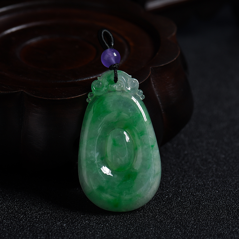 缅甸A货天然冰糯种翠绿飘花翡翠如意吊坠 - 红掌柜