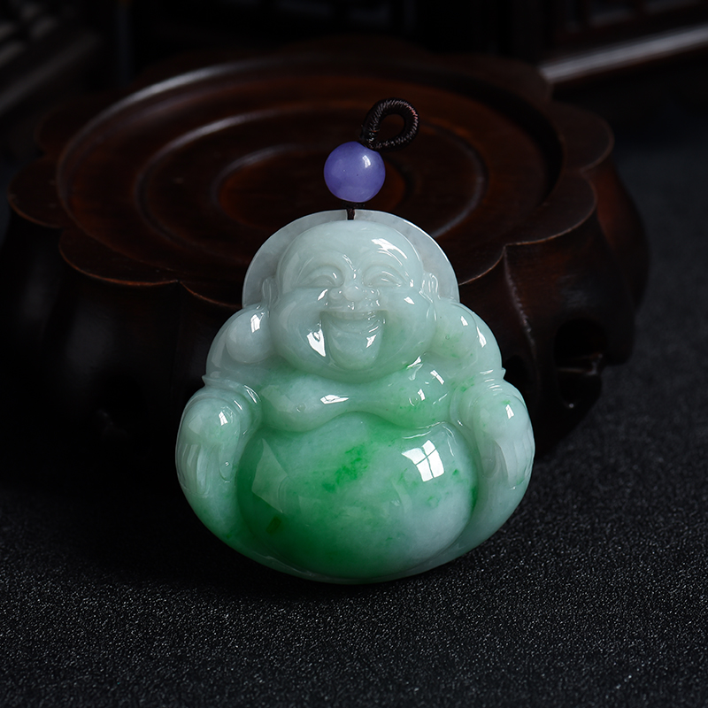 缅甸A货天然糯种飘绿翡翠弥勒佛吊坠 - 红掌柜