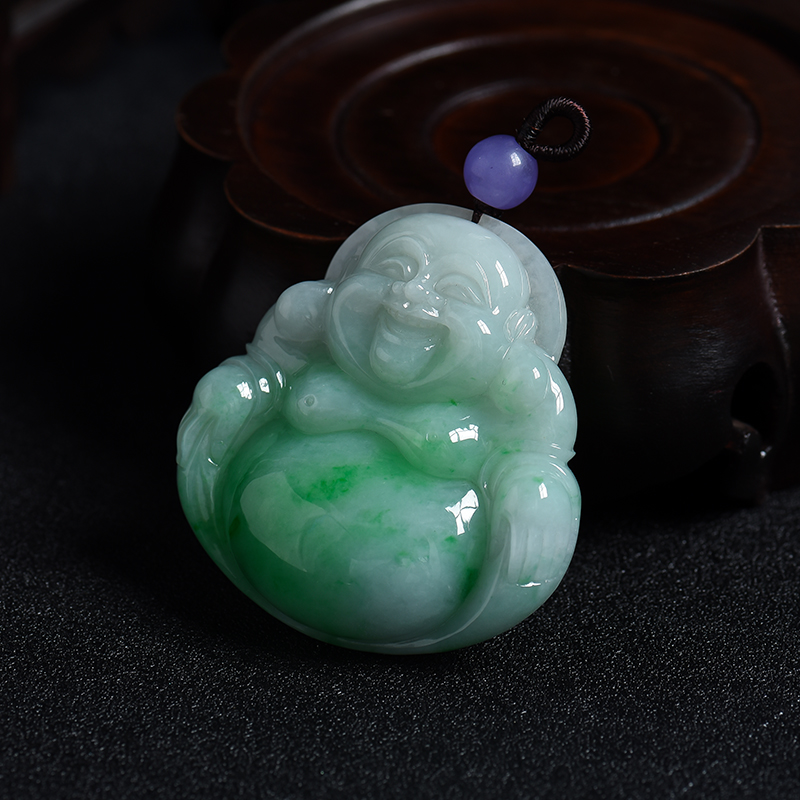 天然糯种飘绿翡翠弥勒佛吊坠 - 红掌柜